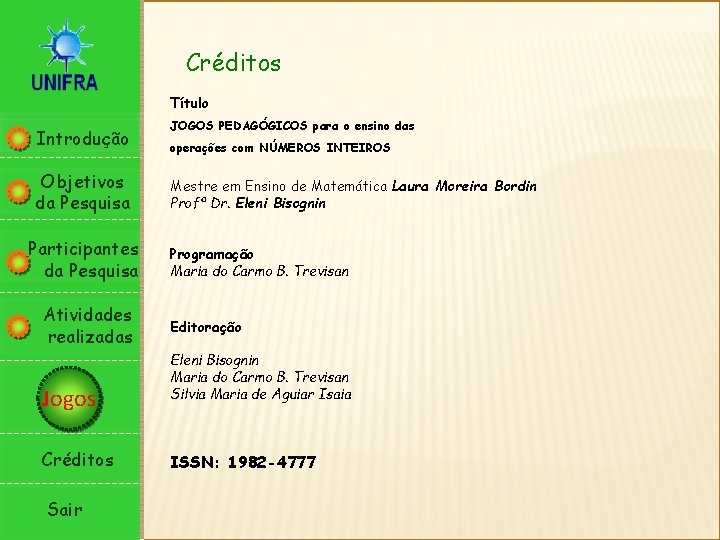 Créditos Título Introdução Objetivos da Pesquisa Participantes da Pesquisa Atividades realizadas Jogos Créditos Sair