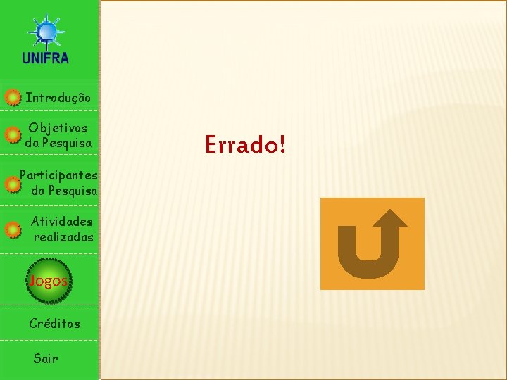 Introdução Objetivos da Pesquisa Participantes da Pesquisa Atividades realizadas Jogos Créditos Sair Errado! 