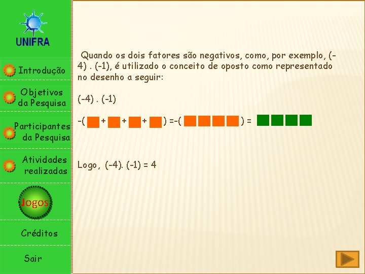 Introdução Quando os dois fatores são negativos, como, por exemplo, (4). (-1), é utilizado