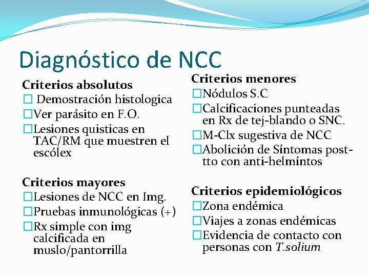 Diagnóstico de NCC Criterios absolutos � Demostración histologica �Ver parásito en F. O. �Lesiones