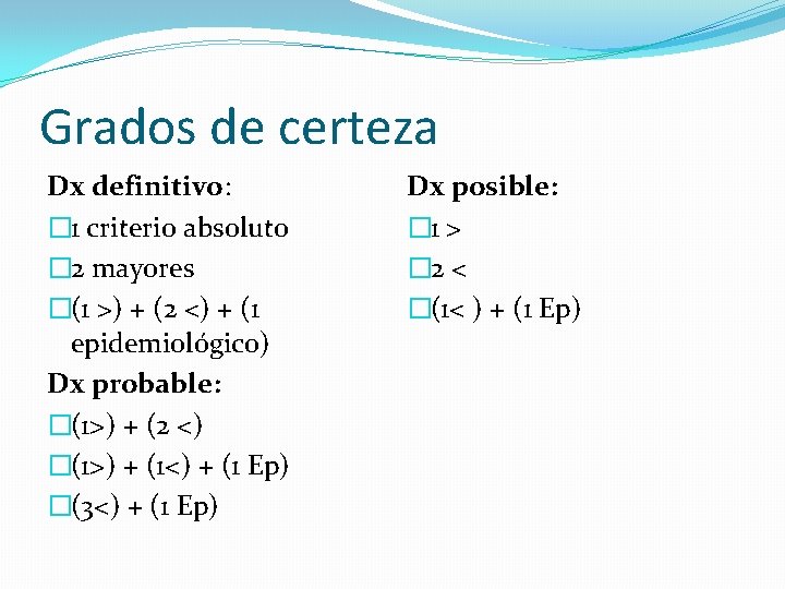 Grados de certeza Dx definitivo: � 1 criterio absoluto � 2 mayores �(1 >)
