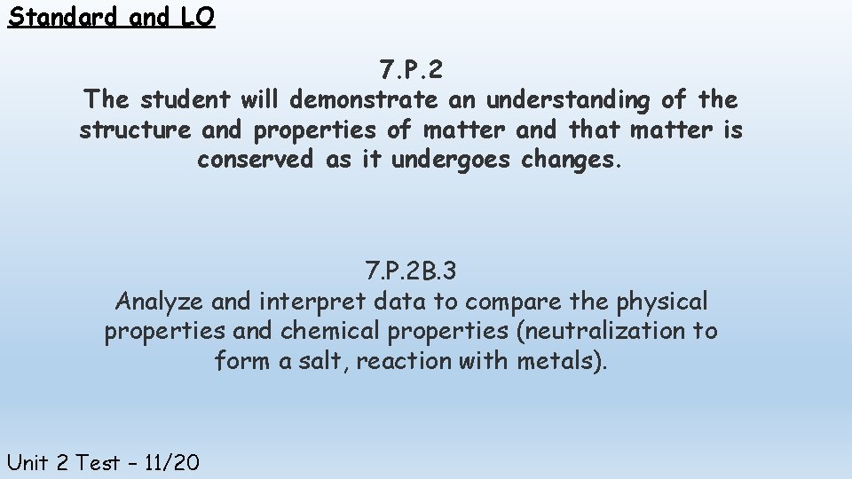 Standard and LO 7. P. 2 The student will demonstrate an understanding of the