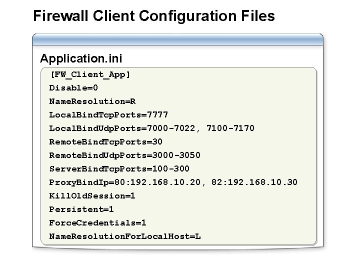 Firewall Client Configuration Files Application. ini [FW_Client_App] Disable=0 Name. Resolution=R Local. Bind. Tcp. Ports=7777