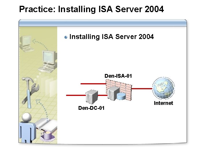 Practice: Installing ISA Server 2004 Den-ISA-01 Den-DC-01 Internet 