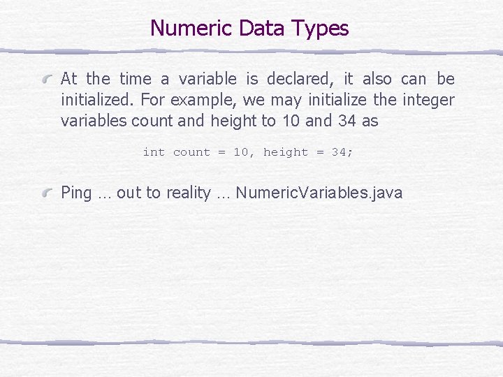 Numeric Data Types At the time a variable is declared, it also can be