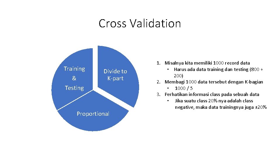 Cross Validation Training & Testing Divide to K-part Proportional 1. Misalnya kita memiliki 1000