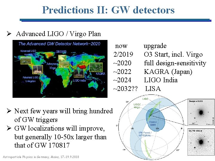 Predictions II: GW detectors Ø Advanced LIGO / Virgo Plan now 2/2019 ~2020 ~2022