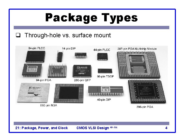 Package Types q Through-hole vs. surface mount 21: Package, Power, and Clock CMOS VLSI