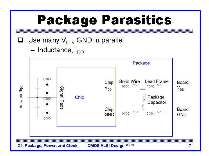 Package Parasitics q Use many VDD, GND in parallel – Inductance, IDD 21: Package,