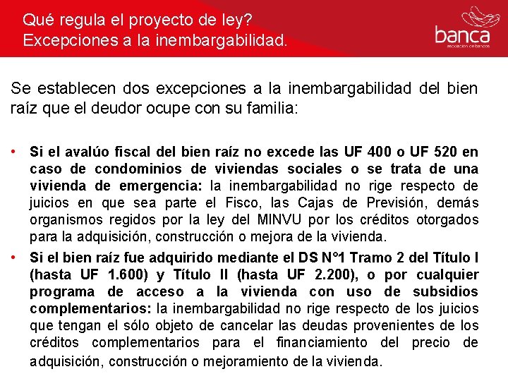 Qué regula el proyecto de ley? Excepciones a la inembargabilidad. Se establecen dos excepciones