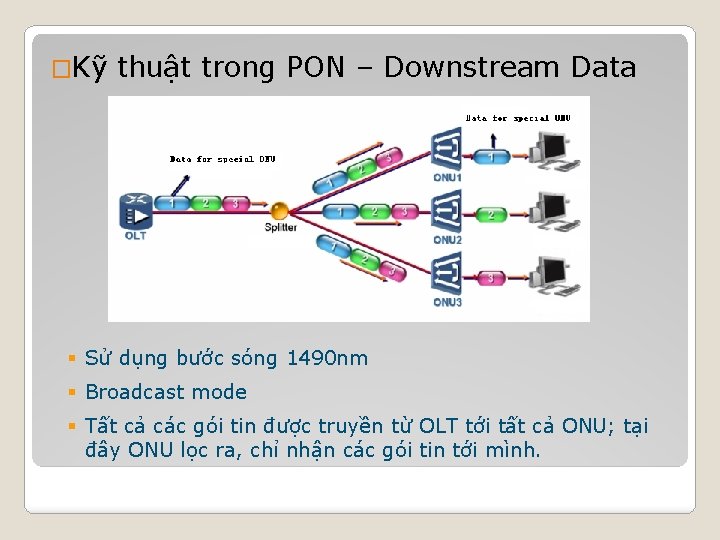 �Kỹ thuật trong PON – Downstream Data § Sử dụng bước sóng 1490 nm