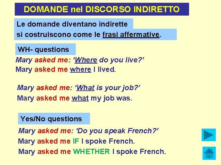 DOMANDE nel DISCORSO INDIRETTO Le domande diventano indirette si costruiscono come le frasi affermative. DOMANDE nel DISCORSO INDIRETTO Le domande diventano indirette si costruiscono come le frasi affermative.