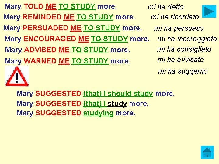 Mary TOLD ME TO STUDY more. mi ha detto mi ha ricordato Mary REMINDED Mary TOLD ME TO STUDY more. mi ha detto mi ha ricordato Mary REMINDED