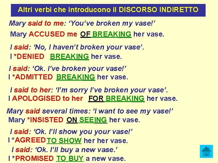 Altri verbi che introducono il DISCORSO INDIRETTO Mary said to me: ‘You’ve broken my Altri verbi che introducono il DISCORSO INDIRETTO Mary said to me: ‘You’ve broken my