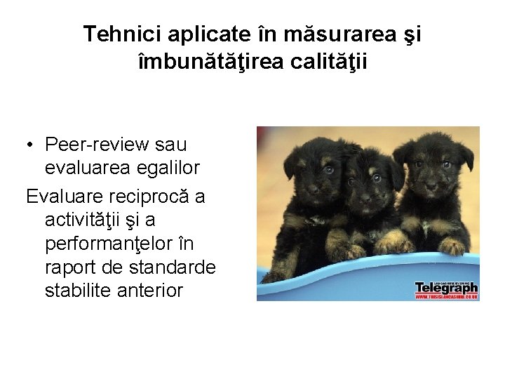 Tehnici aplicate în măsurarea şi îmbunătăţirea calităţii • Peer-review sau evaluarea egalilor Evaluare reciprocă