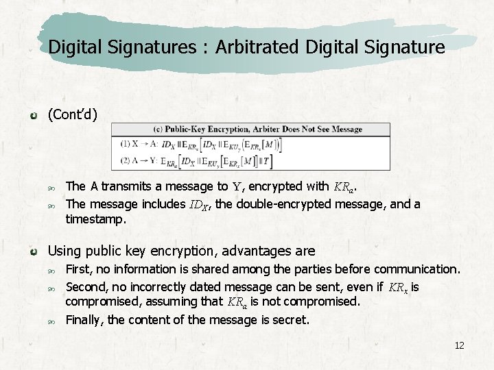 Digital Signatures : Arbitrated Digital Signature (Cont’d) The A transmits a message to Y,