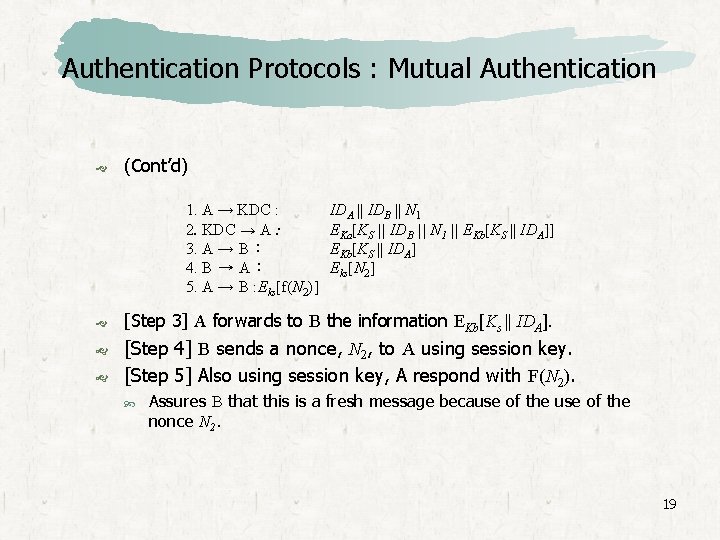 Authentication Protocols : Mutual Authentication (Cont’d) 1. A → KDC : 2. KDC →