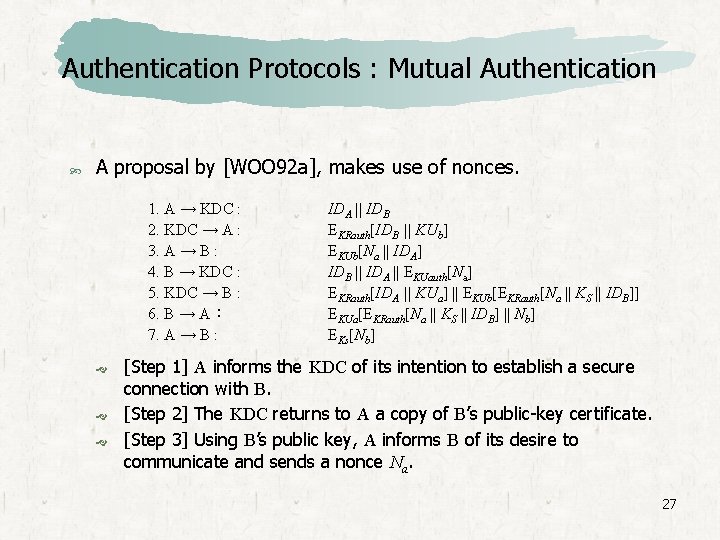 Authentication Protocols : Mutual Authentication A proposal by [WOO 92 a], makes use of