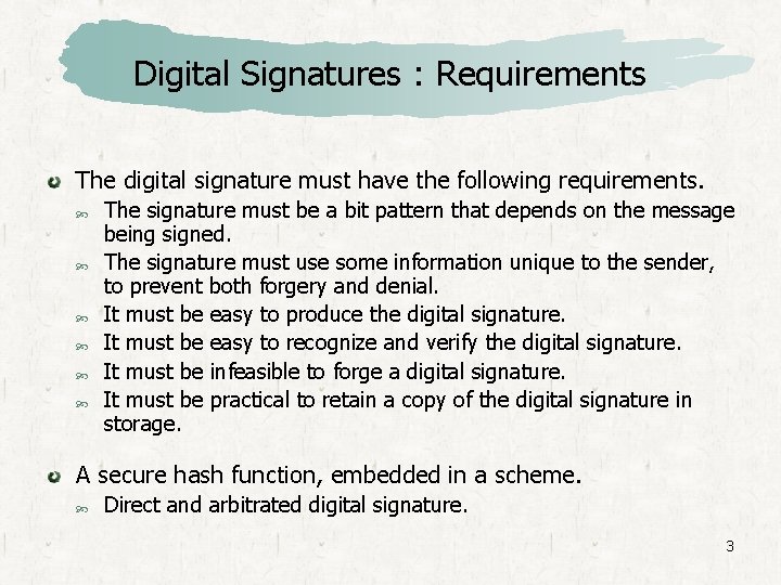 Digital Signatures : Requirements The digital signature must have the following requirements. The signature