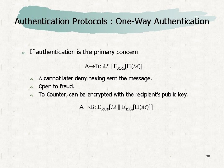 Authentication Protocols : One-Way Authentication If authentication is the primary concern A→B: M ||