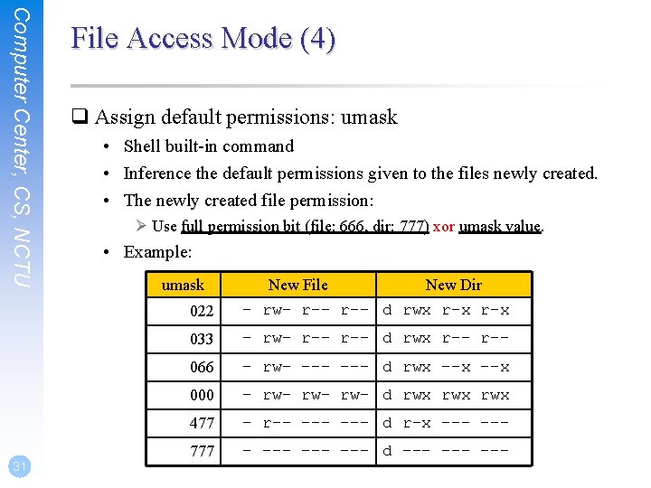Computer Center, CS, NCTU 31 File Access Mode (4) q Assign default permissions: umask Computer Center, CS, NCTU 31 File Access Mode (4) q Assign default permissions: umask
