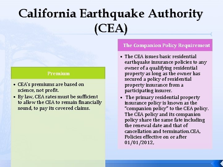 California Earthquake Authority (CEA) The Companion Policy Requirement Premium • CEA’s premiums are based