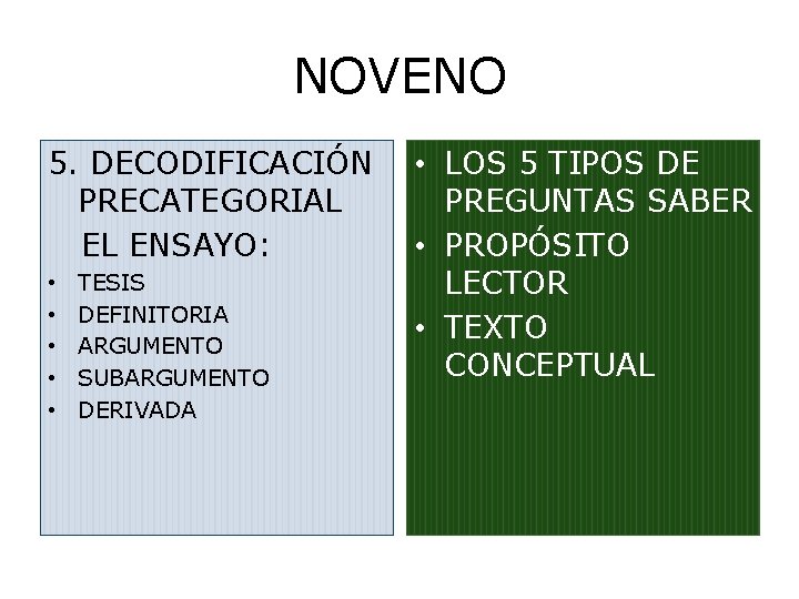 NOVENO 5. DECODIFICACIÓN PRECATEGORIAL EL ENSAYO: • • • TESIS DEFINITORIA ARGUMENTO SUBARGUMENTO DERIVADA