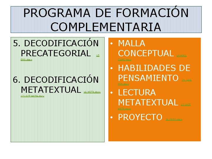 PROGRAMA DE FORMACIÓN COMPLEMENTARIA 5. DECODIFICACIÓN PRECATEGORIAL 15 ENS. docx 6. DECODIFICACIÓN METATEXTUAL 16
