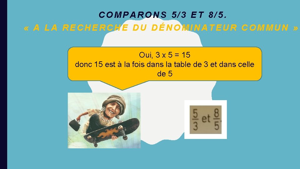 COMPARONS 5/3 ET 8/5. « A LA RECHERCHE DU DÉNOMINATEUR COMMUN » Oui, 3