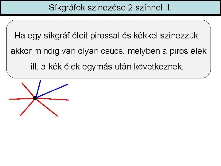 Síkgráfok szinezése 2 színnel II. Ha egy síkgráf éleit pirossal és kékkel szinezzük, akkor