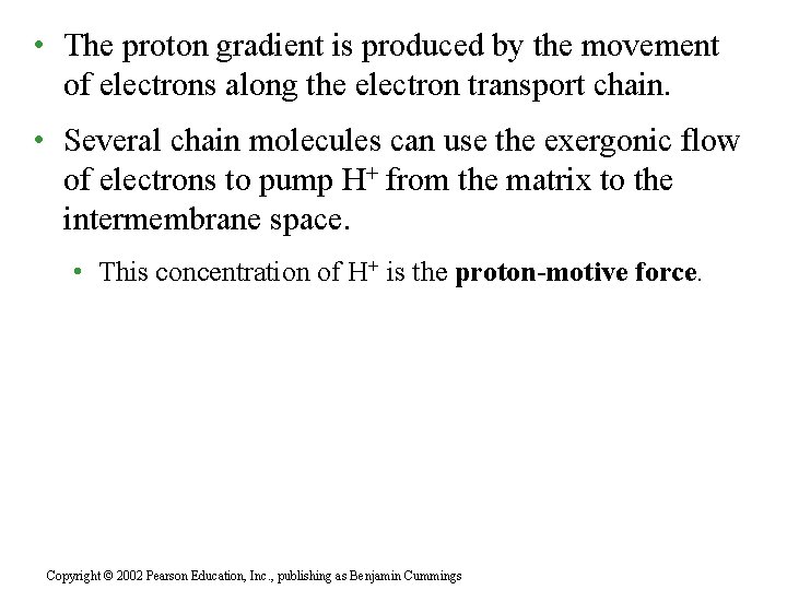  • The proton gradient is produced by the movement of electrons along the