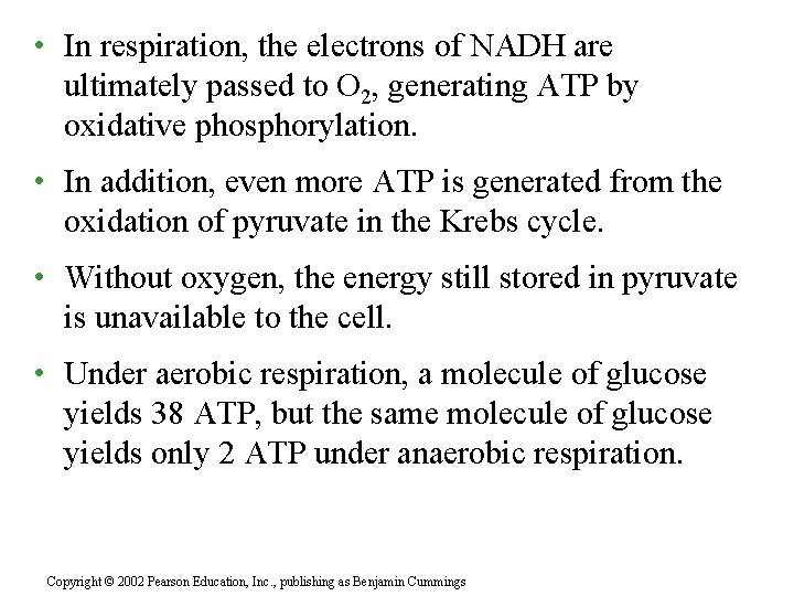  • In respiration, the electrons of NADH are ultimately passed to O 2,