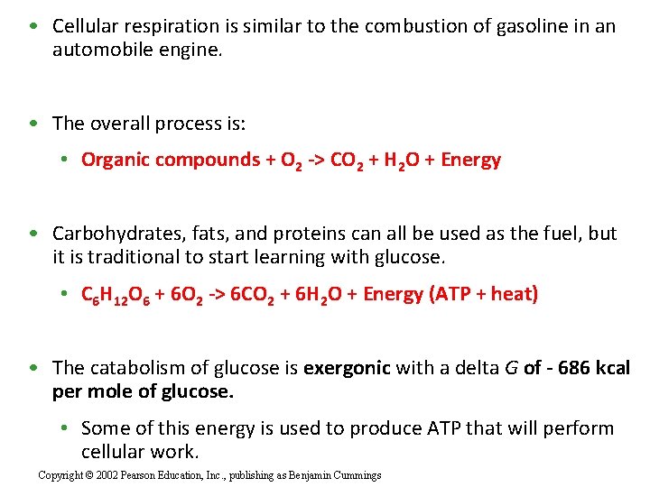  • Cellular respiration is similar to the combustion of gasoline in an automobile