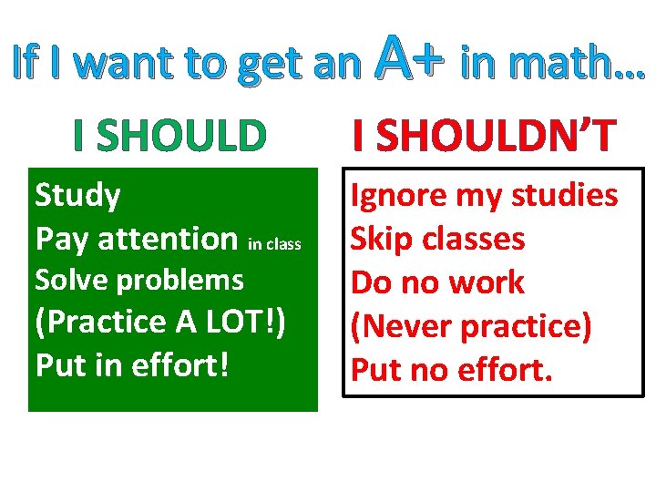 If I want to get an A+ in math… I SHOULDN’T Study Pay attention If I want to get an A+ in math… I SHOULDN’T Study Pay attention