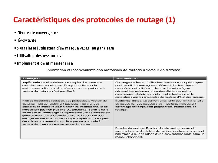 Caractéristiques des protocoles de routage (1) § Temps de convergence § Évolutivité § Sans