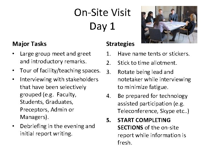 On-Site Visit Day 1 Major Tasks Strategies • Large group meet and greet and