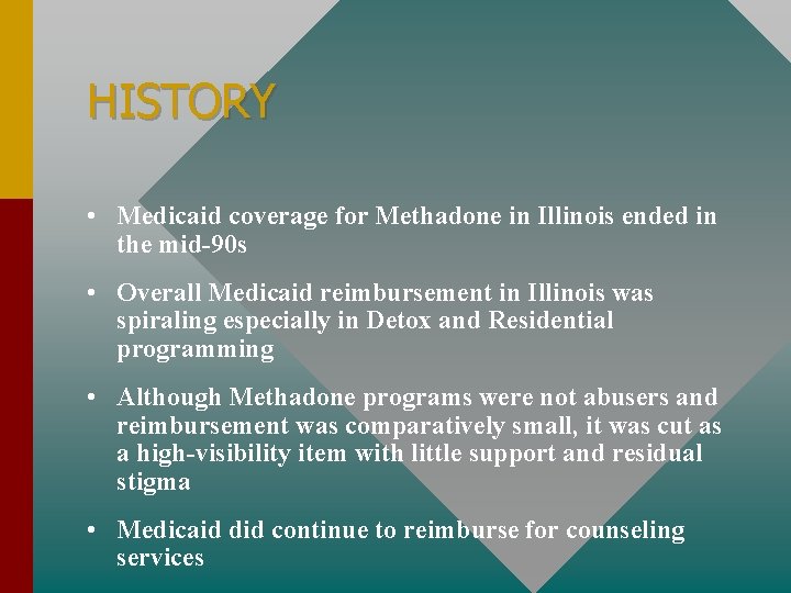 HISTORY • Medicaid coverage for Methadone in Illinois ended in the mid-90 s •