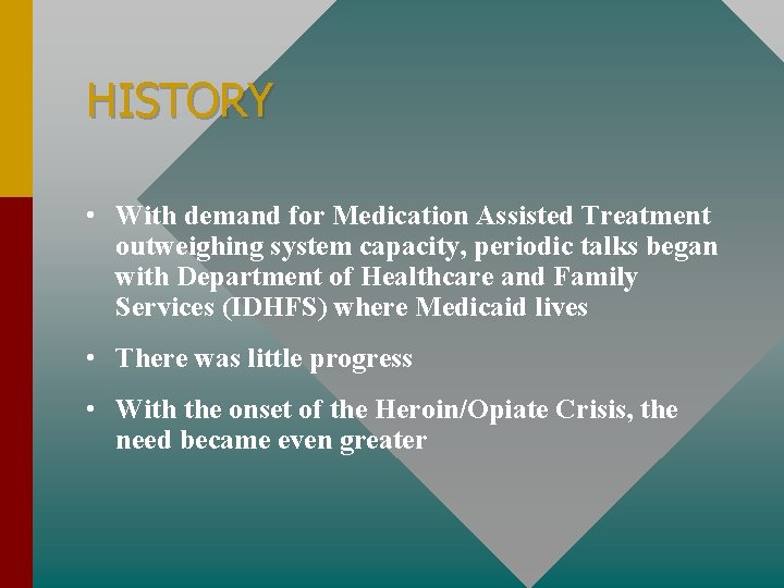 HISTORY • With demand for Medication Assisted Treatment outweighing system capacity, periodic talks began