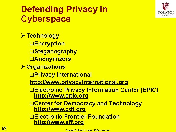 Defending Privacy in Cyberspace Ø Technology q. Encryption q. Steganography q. Anonymizers Ø Organizations