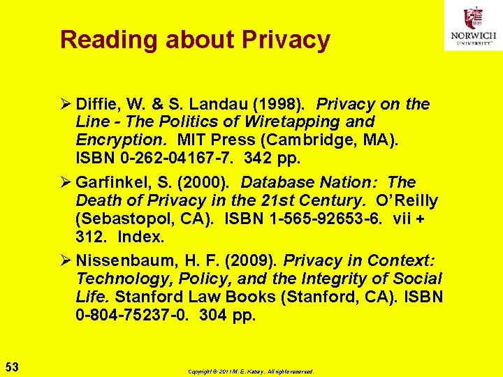 Reading about Privacy Ø Diffie, W. & S. Landau (1998). Privacy on the Line