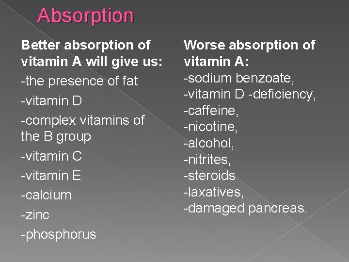 Absorption Better absorption of vitamin A will give us: -the presence of fat -vitamin