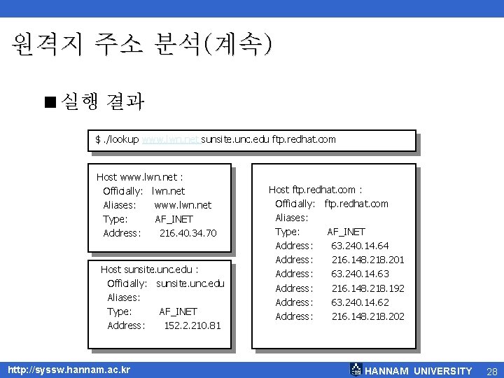 원격지 주소 분석(계속) <실행 결과 $. /lookup www. lwn. net sunsite. unc. edu ftp.