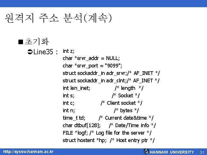 원격지 주소 분석(계속) <초기화 ÜLine 35 : http: //syssw. hannam. ac. kr int z;