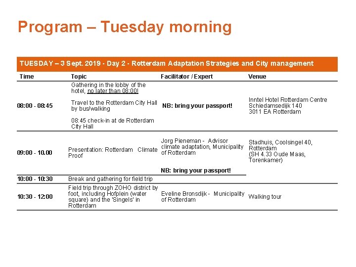 Program – Tuesday morning TUESDAY – 3 Sept. 2019 - Day 2 - Rotterdam