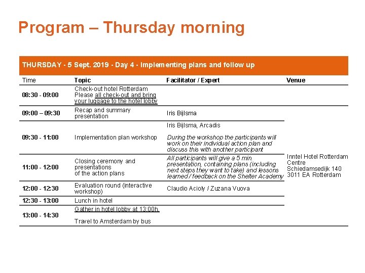 Program – Thursday morning THURSDAY - 5 Sept. 2019 - Day 4 - Implementing