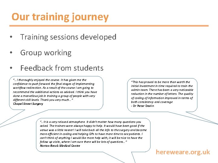 Our training journey • Training sessions developed • Group working • Feedback from students