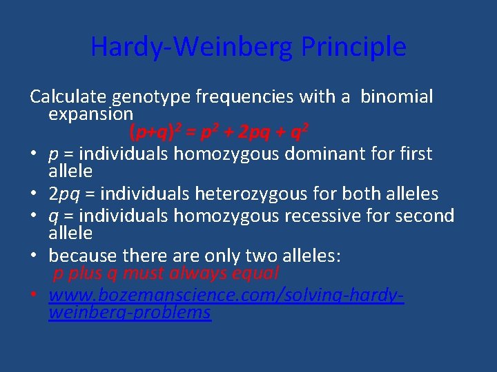 Hardy-Weinberg Principle Calculate genotype frequencies with a binomial expansion (p+q)2 = p 2 +