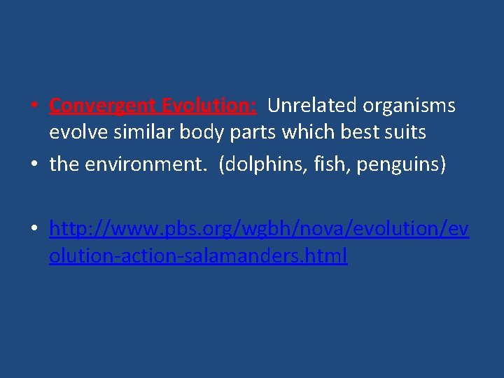  • Convergent Evolution: Unrelated organisms evolve similar body parts which best suits •