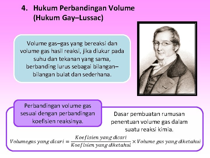 4. Hukum Perbandingan Volume (Hukum Gay–Lussac) Volume gas–gas yang bereaksi dan volume gas hasil