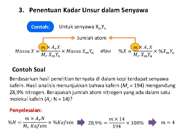 3. Penentuan Kadar Unsur dalam Senyawa Contoh: Untuk senyawa Xm. Yn Jumlah atom atau